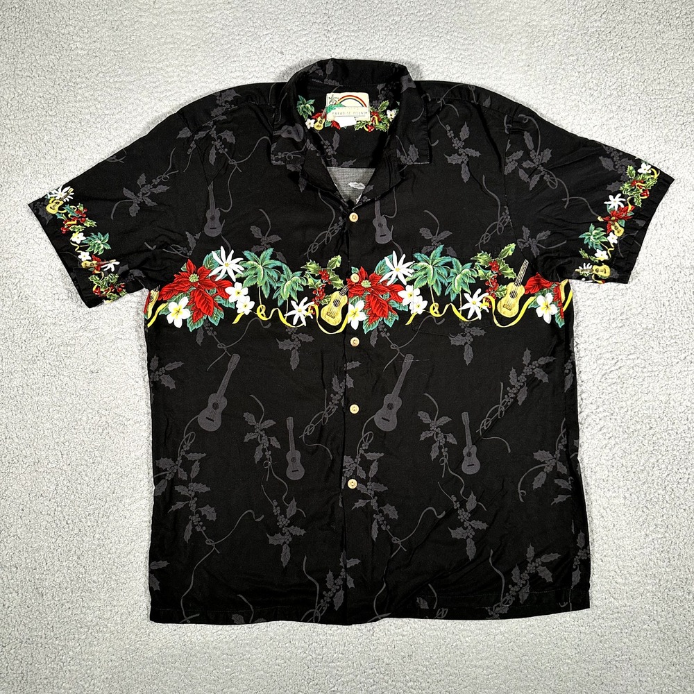 Paradise Found Shirt Mens XL Black Hawaiian‎ Floral Holiday Aloha Rayon USA Made
